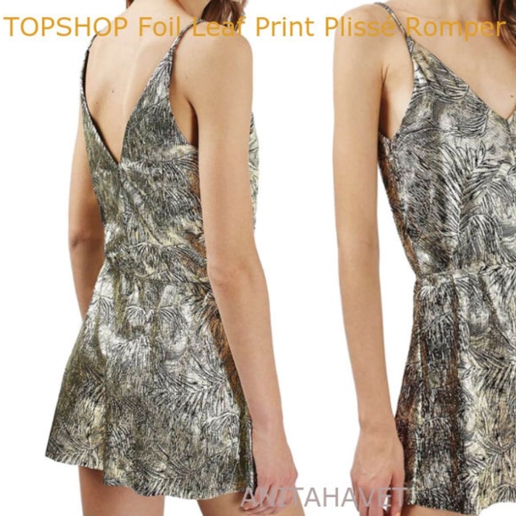 TOPSHOP Gold Leaf Plisse Playsuit Romper Size 4 - Picture 1 of 2